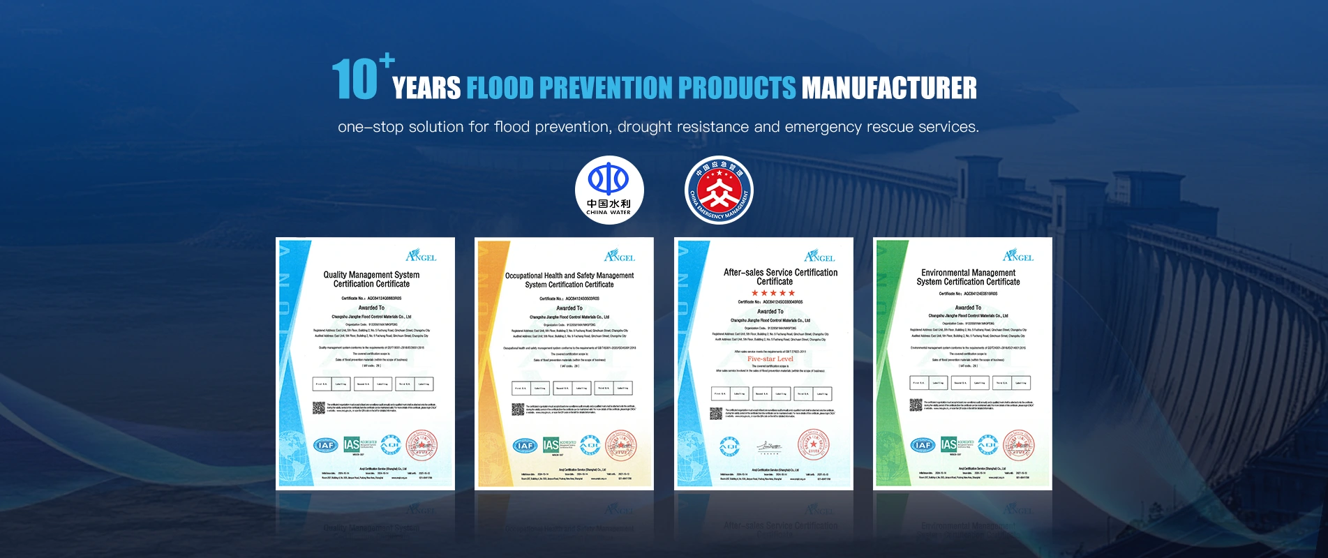 Jianghe oversvømmelsesforebyggende produkter ISO 9001 og ISO 14001 kvalitetscertifikater og certificeringer